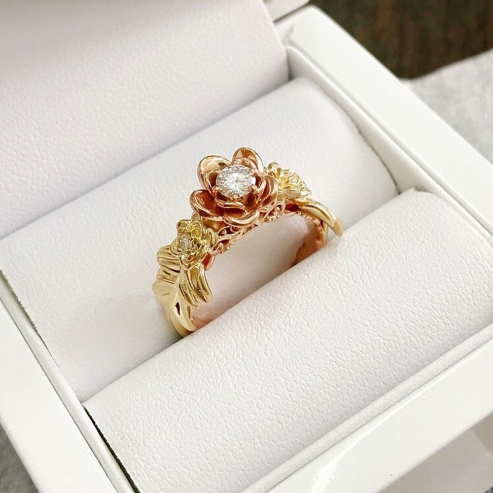 Flower Moissanite Diamonds Yellow Rose Gold Ring